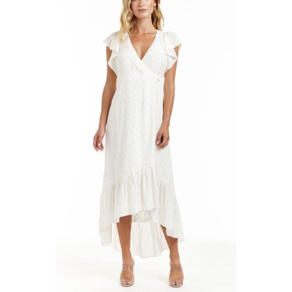 DREW Wrap Midi Dress White Gold Stardust Hi Low Ruffle S - Picture 3 of 12